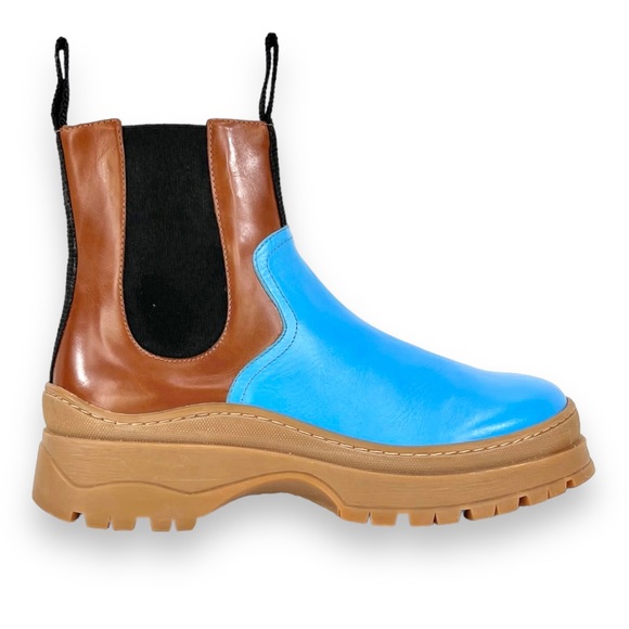 [sold] Marimekko Brown & Turquoise Color Blocked Platform Leather Chelsea Boots - Picture 2 of 5
